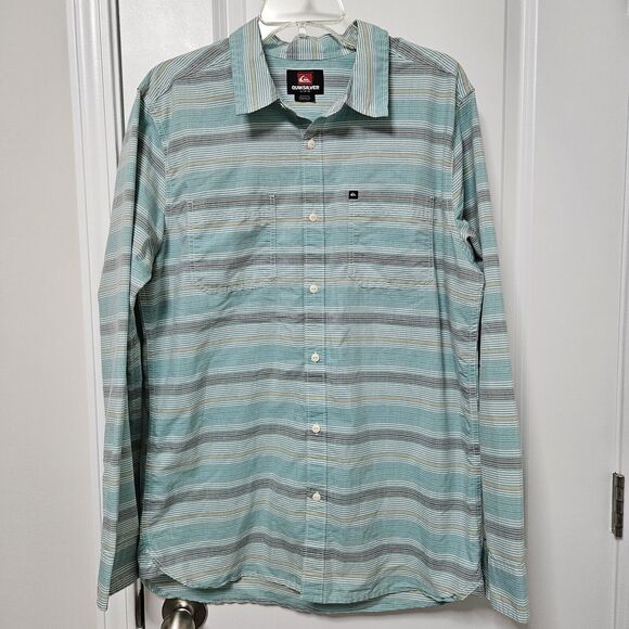 Quiksilver Shirt Men's Large Green Striped Button Up Cotton Blend Pockets GUC - Picture 1 of 8